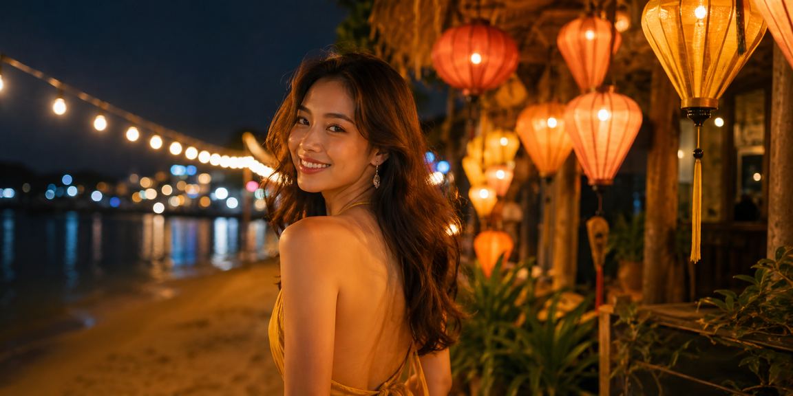Khung cảnh chợ đêm Hội An – người chơi kiểm tra kết quả rút tiền trên điện thoại sau buổi tối giải trí
